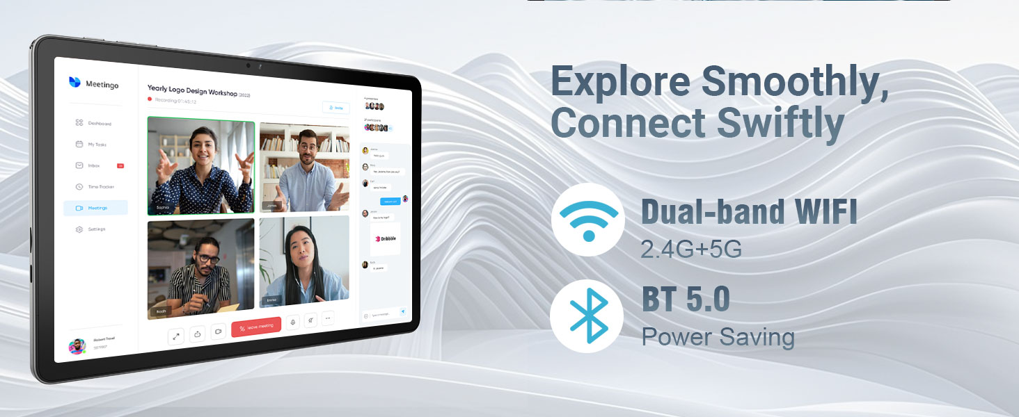 Text reads 'Explore Smoothly, Connect Swiftly'. Digital tablet or display device shown in landscape orientation with interface elements visible.