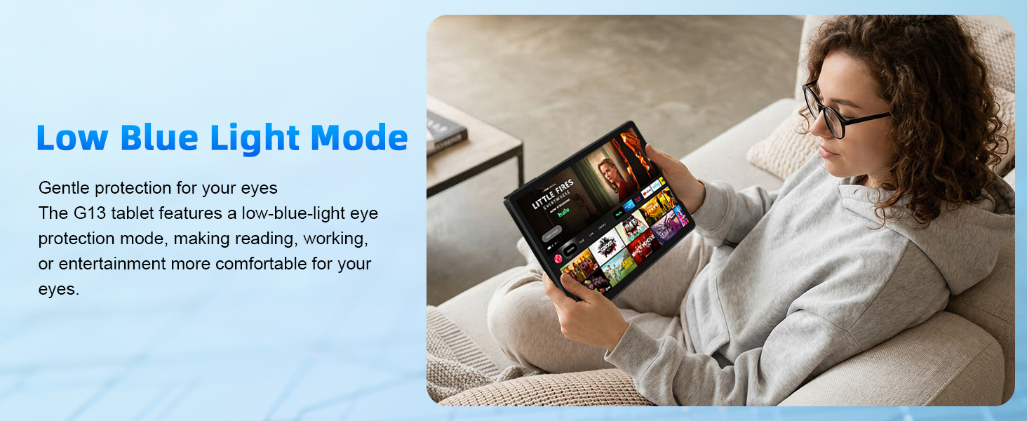 Text reads 'Low Blue Light Mode' with subtitle about the 2-in-1 read feature. Woman wearing glasses in bed using tablet device with colorful app interface displayed on screen.