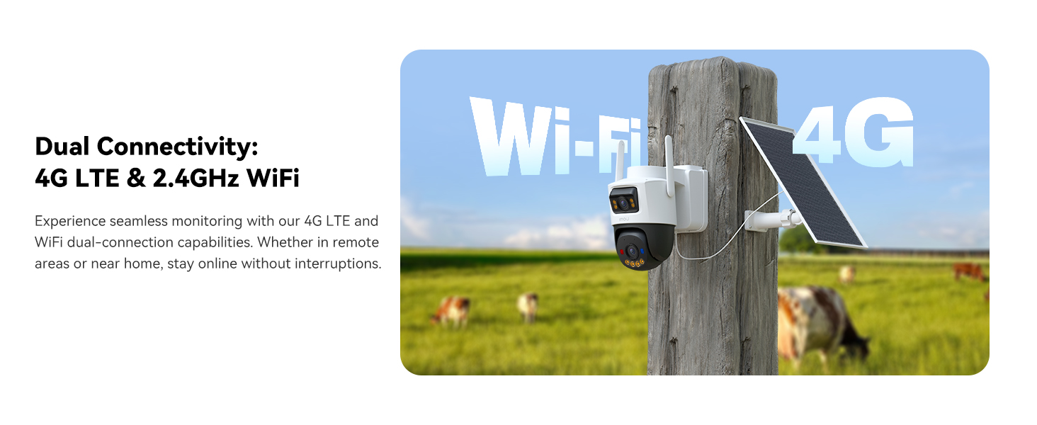 Text reads 'Dual Connectivity: 4G LTE & 2.4GHz WiFi' and 'Wi-Fi 4G'. Rural outdoor scene showing connectivity equipment mounted on wooden pole with green field in background.