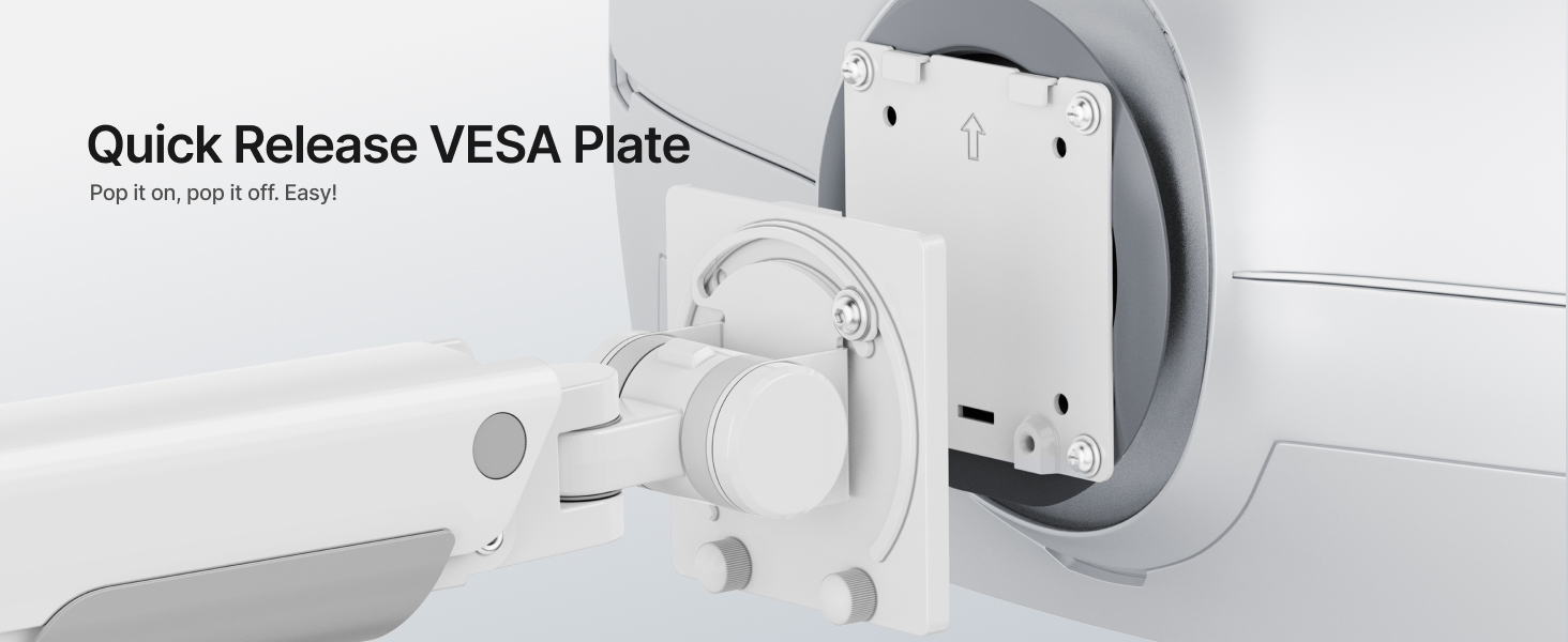 Text reads 'Quick Release VESA Plate' and 'Pro can upgrade with ease!' White VESA mounting plate with quick-release mechanism shown installed on white wall-mounted bracket.