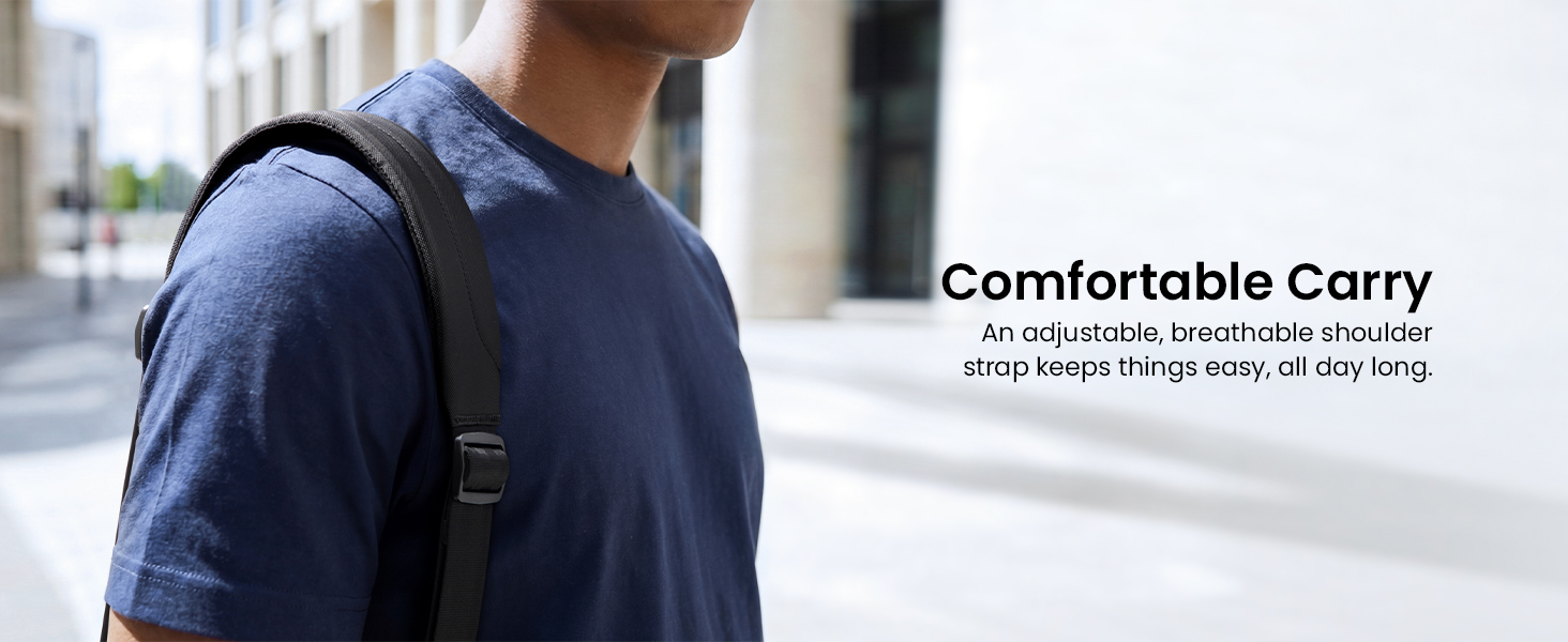 Text reads 'Comfortable Carry' with additional tagline text below. Man wearing dark backpack shown from behind, demonstrating shoulder-worn carrying position.