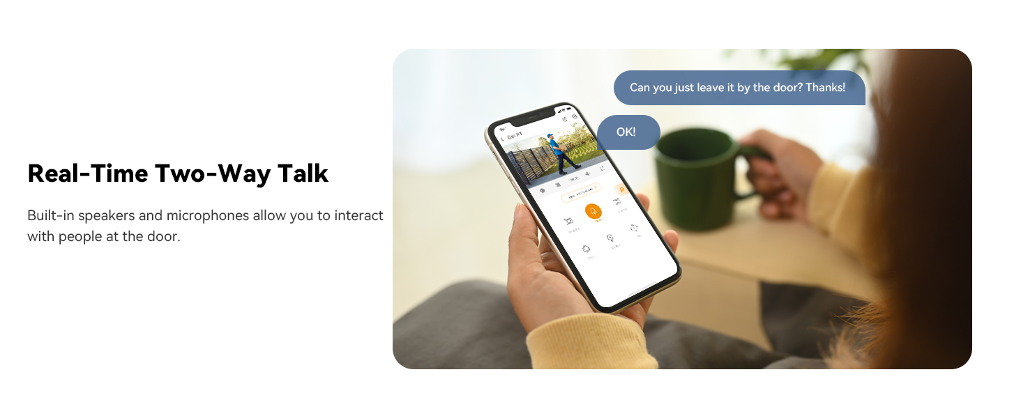 Text reads 'Real-Time Two-Way Talk'. Image shows smartphone interface demonstrating communication functionality with split-screen view of device interaction.