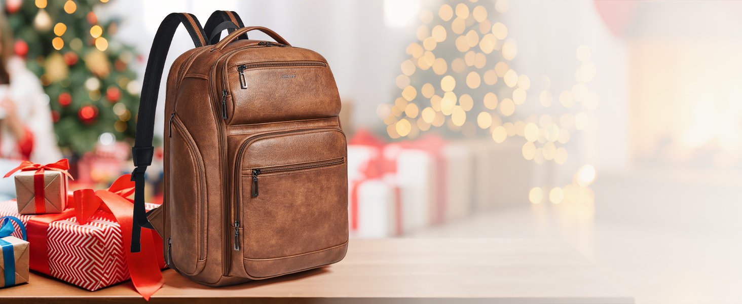 Brown leather backpack photographed in warm lighting with bokeh effects and decorative elements in background.