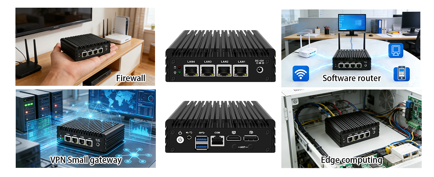 Multiple views of a black industrial network switch or router device with various ports and connections, shown from different angles in technical setting.