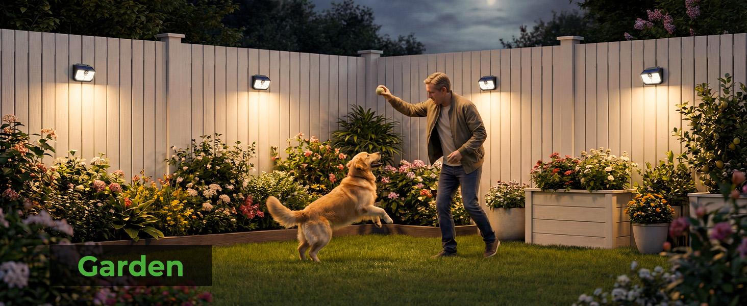 Text reads 'Garden'. Evening outdoor scene with illuminated fence and garden area, showing interaction with a dog in the backyard.