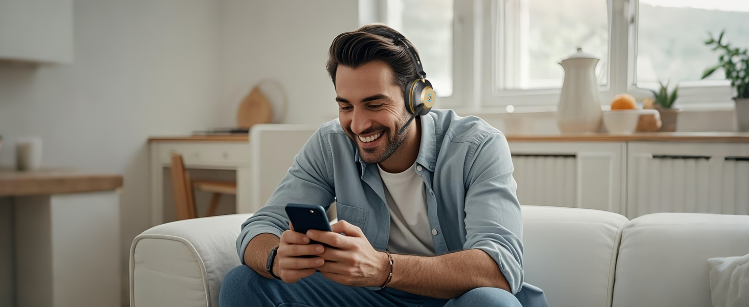 Person sitting on white couch in casual home setting, wearing gray zip-up hoodie and white t-shirt, looking at smartphone with engaged expression.