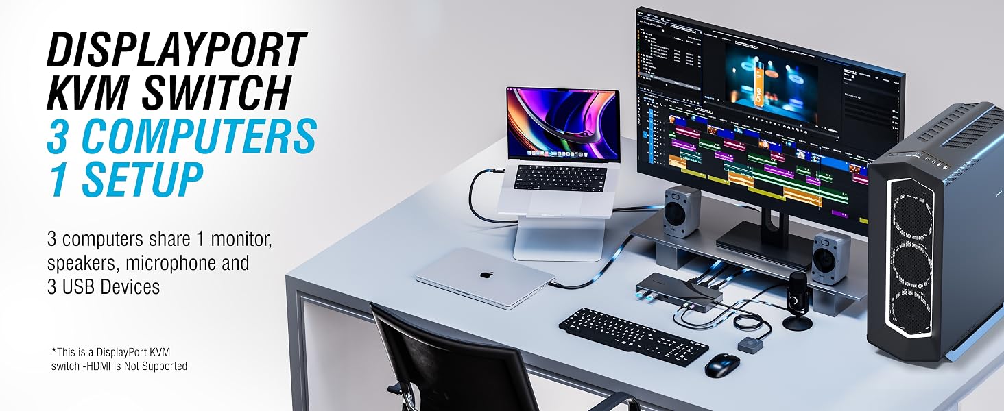 Text reads 'DISPLAYPORT KVM SWITCH 2 COMPUTERS 1 SETUP' with tagline 'It simplifies your work by letting you control 2 computers from 1 keyboard'. Desktop workspace showing organized computer equipment and monitors from overhead view.