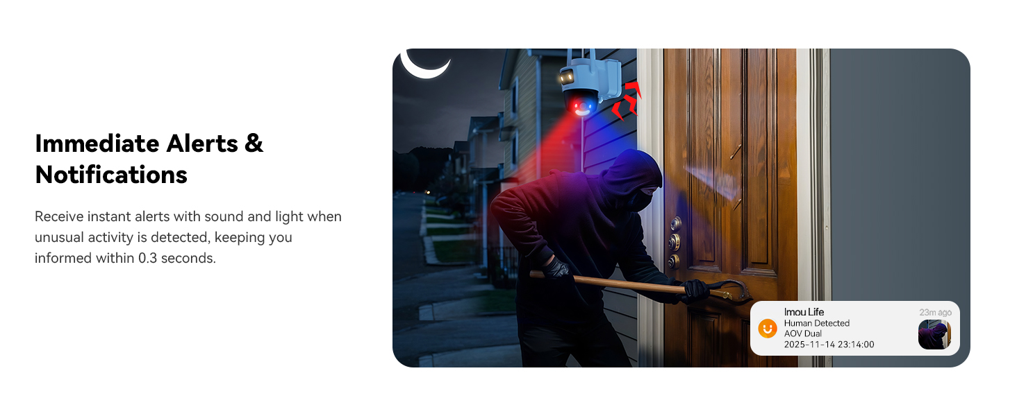 Text reads 'Immediate Alerts & Notifications'. Shows mobile device displaying security camera notification with indoor room view.