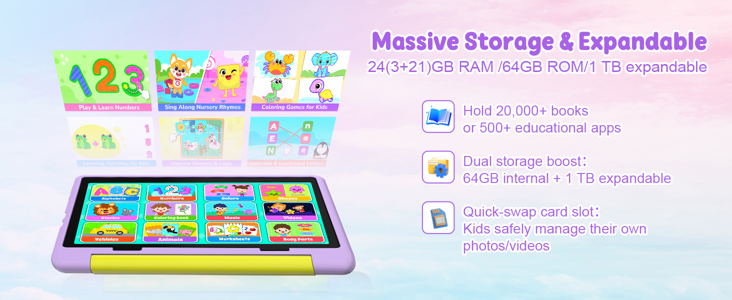 Text reads 'Massive Storage & Expandable'. Colorful educational tablet device with rainbow app icons displayed on purple-framed screen, shown at angle.