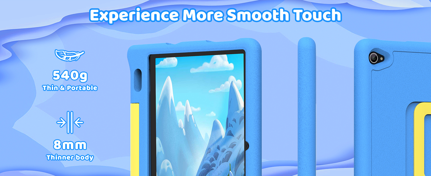Text reads 'Experience More Smooth Touch' with specifications '9.7 5400' and '2.1 1mm' visible. Blue smartphone or tablet device displayed with screen showing app interface.
