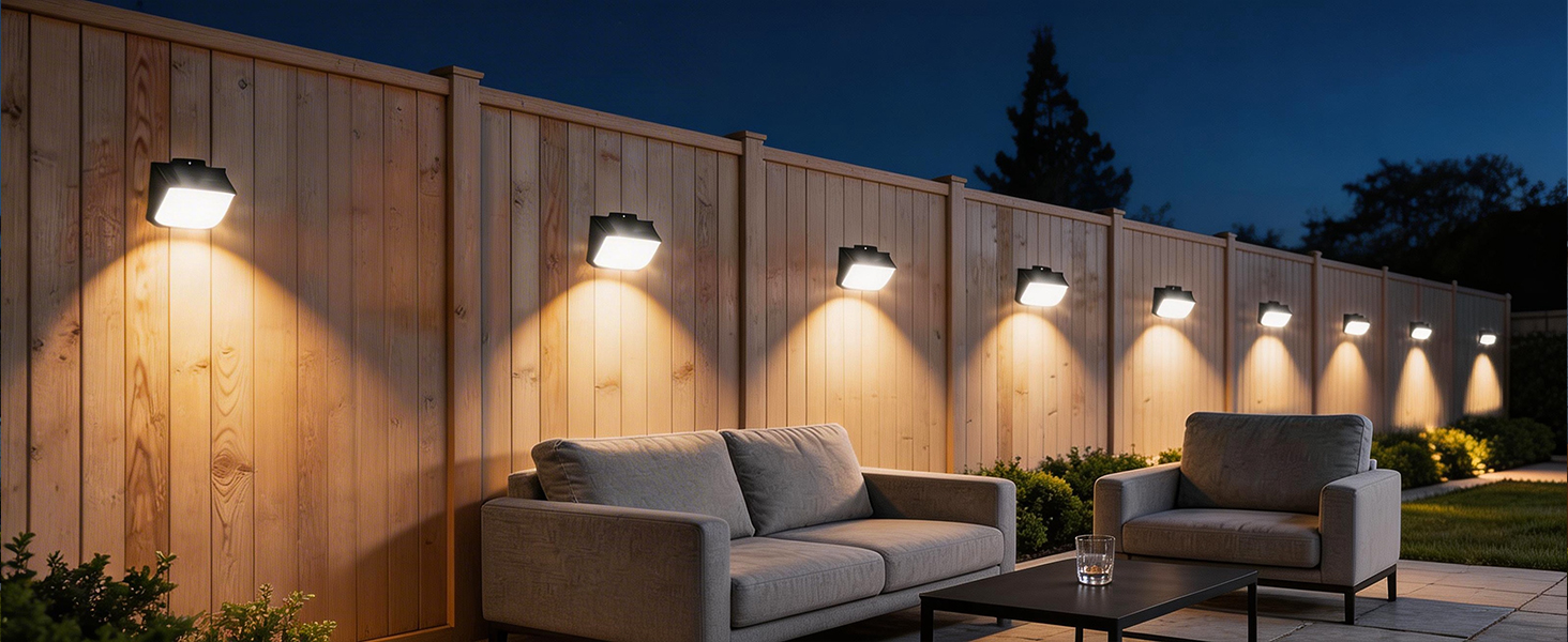 Outdoor patio seating area with multiple warm-toned pendant lights suspended overhead at dusk, creating ambient illumination.