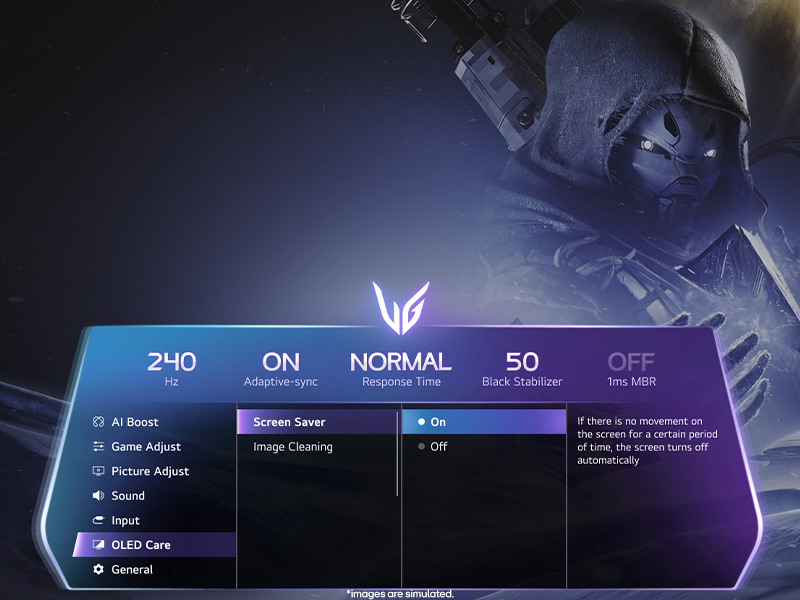 Text reads '2/0 ON NORMAL 50 PULSE' and partial menu options. Blue-black gaming control panel or keyboard interface displayed against dark background with purple lighting.