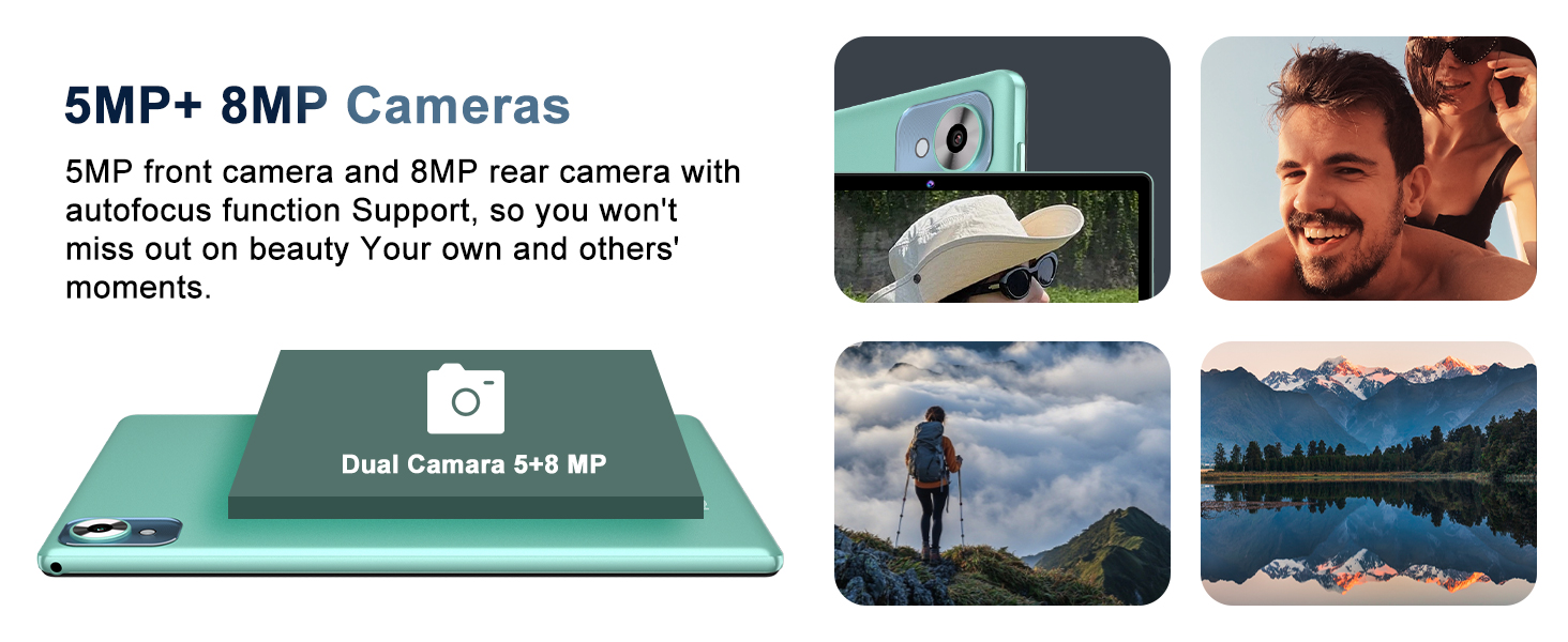 Smartphone with 5MP front and 8MP rear cameras, featuring autofocus. Dual camera setup highlighted. Green device shown with sample photos demonstrating camera capabilities in various scenes.
