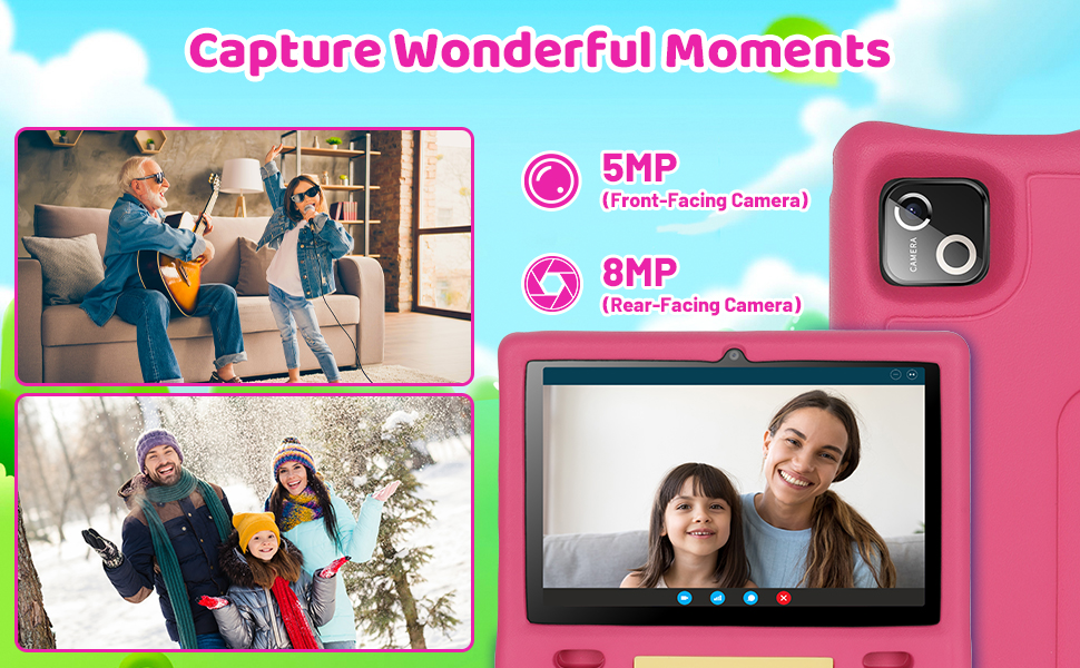 Text reads '5000mAh Large Capacity Battery From Morning to Night'. Marketing banner showing product features with pink and blue gradient background and cartoon illustrations.