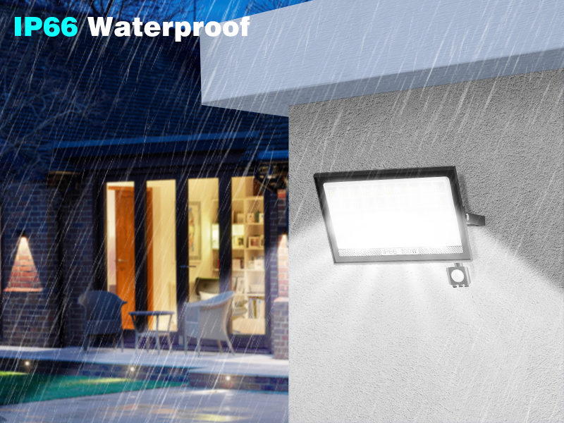 Illustration of smart outdoor lighting system for a house, showing motion detection and smartphone control features.