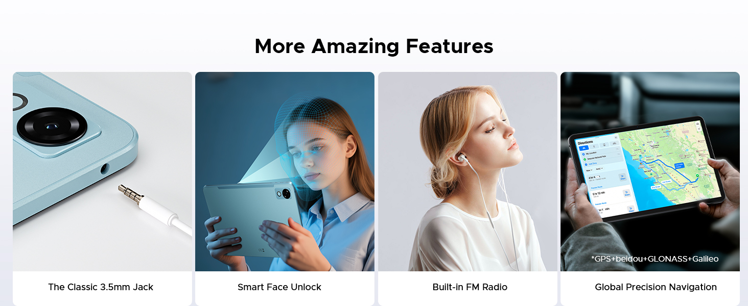 Text reads 'More Amazing Features'. Four panel image showing smartphone camera lens, selfie demonstration, audio feature, and navigation interface.