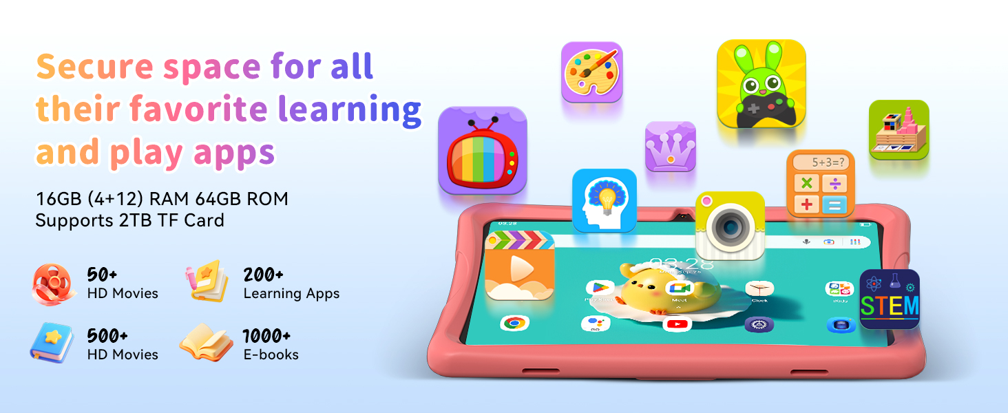 Text reads 'Secure space for all their favorite learning and play apps' with activity statistics shown. Colorful children's tablet interface displaying educational game apps on turquoise screen.