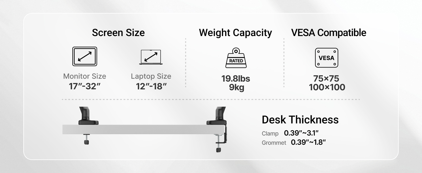 Text reads 'Screen Size', 'Weight Capacity', 'VESA Compatible', 'Desk Thickness'. Product specifications display for monitor mount with icon graphics showing technical details and measurements.