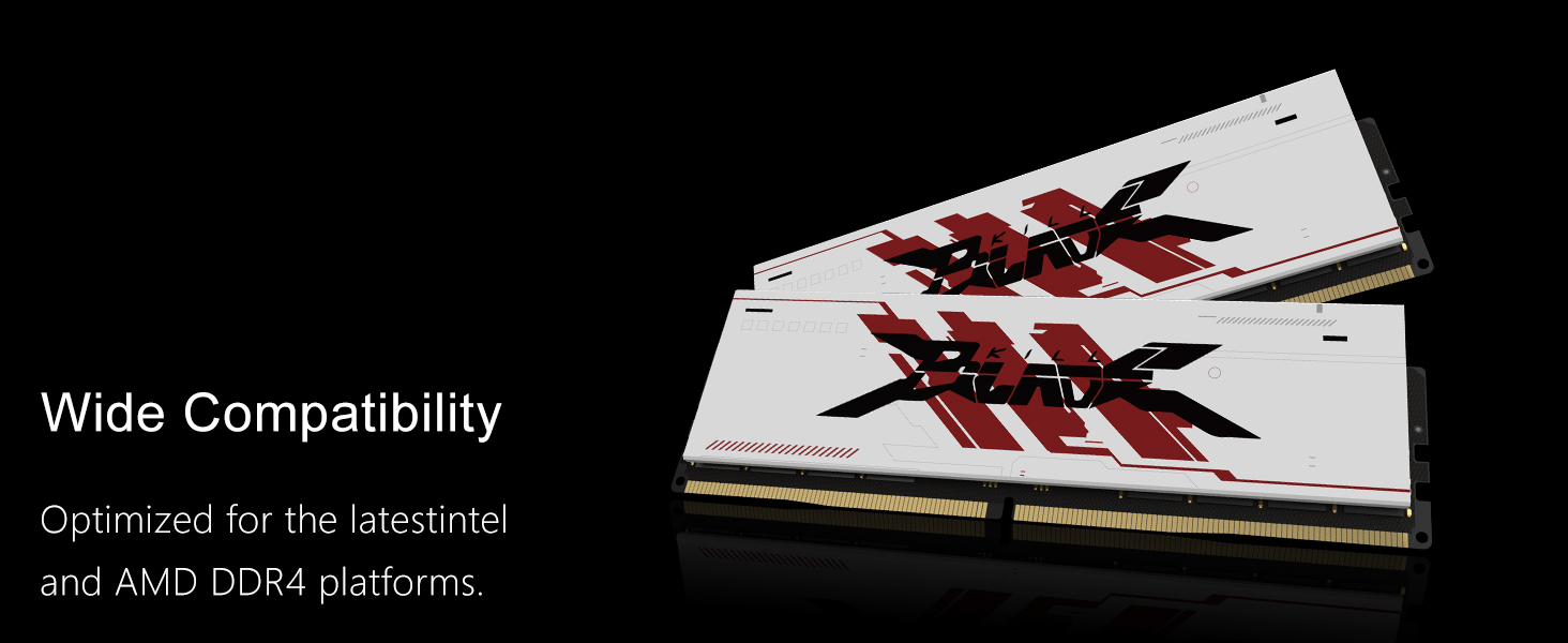Text reads 'Wide Compatibility', 'Optimized for the latest Intel and AMD CPUs alongside'. RAM memory modules shown with red feather design pattern on black background.