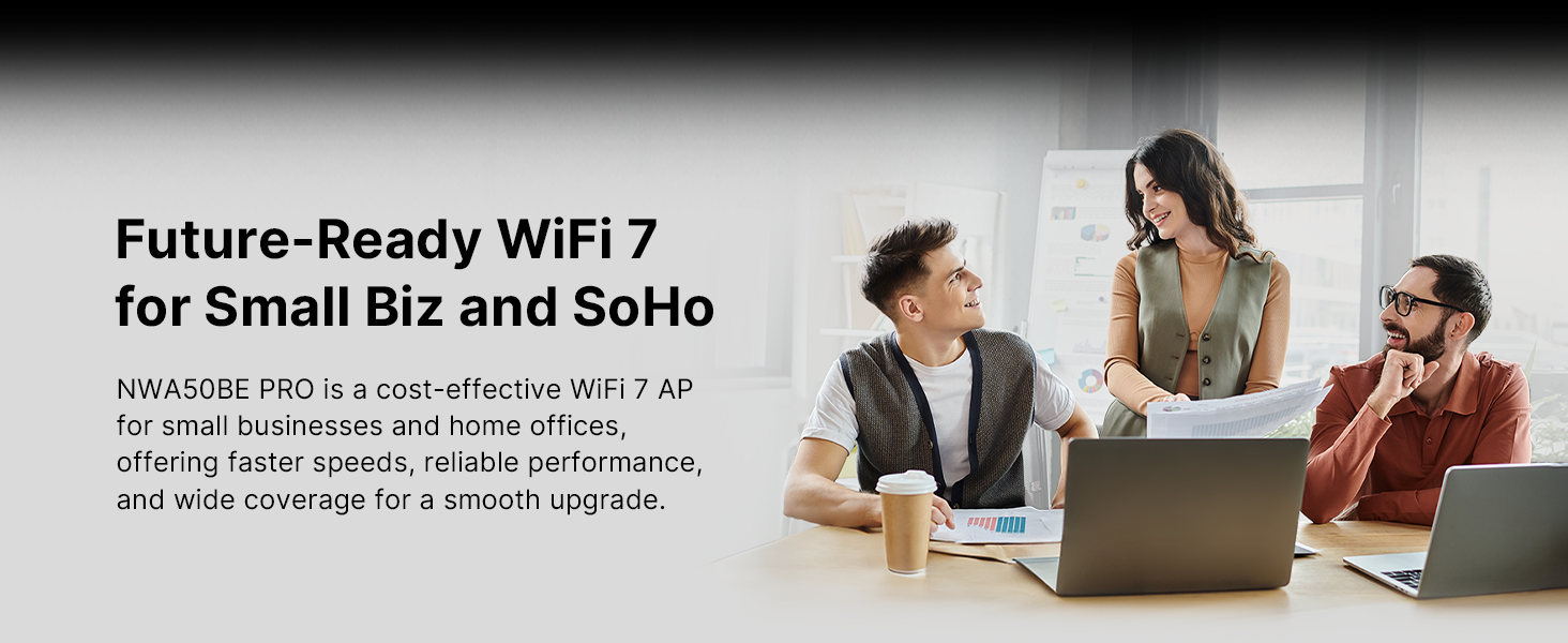 Text reads 'Future-Ready WiFi 7 for Small Biz and SoHo'. Business setting showing people working with laptops in an office environment, highlighting connectivity technology.