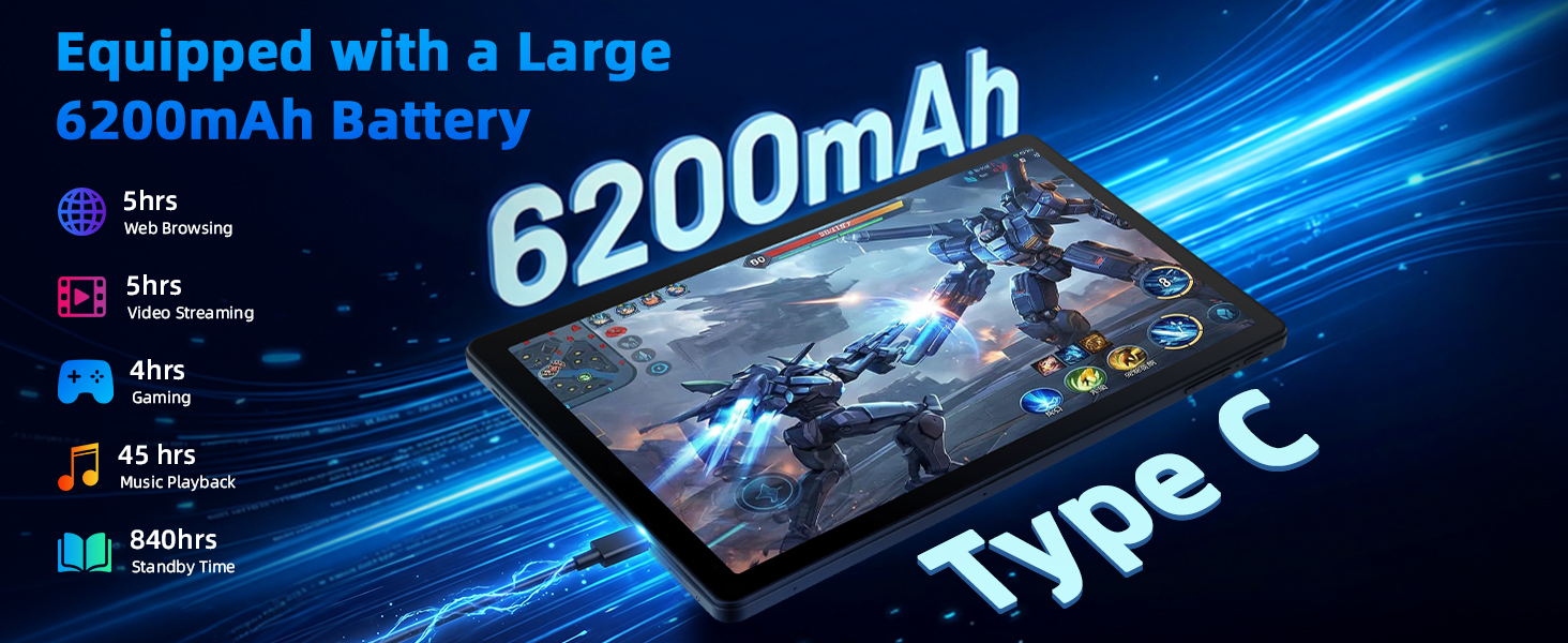 Text reads 'Equipped with a Large 6200mAh Battery' and 'Type-C'. Black portable solar power bank or charging device with blue digital display showing battery capacity and specifications against blue technological background.