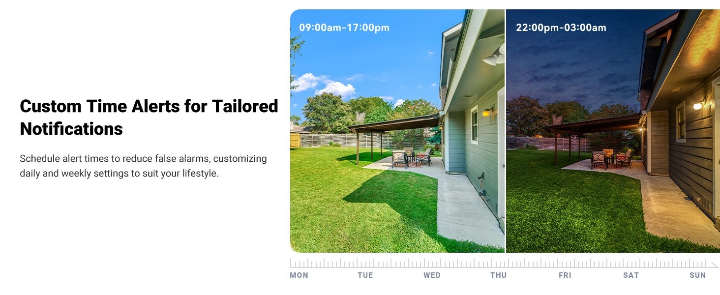 Split image showing daytime and nighttime views of a house exterior with lawn. Timeline below indicates customizable time alerts for notifications from 09:00am to 09:00pm.
