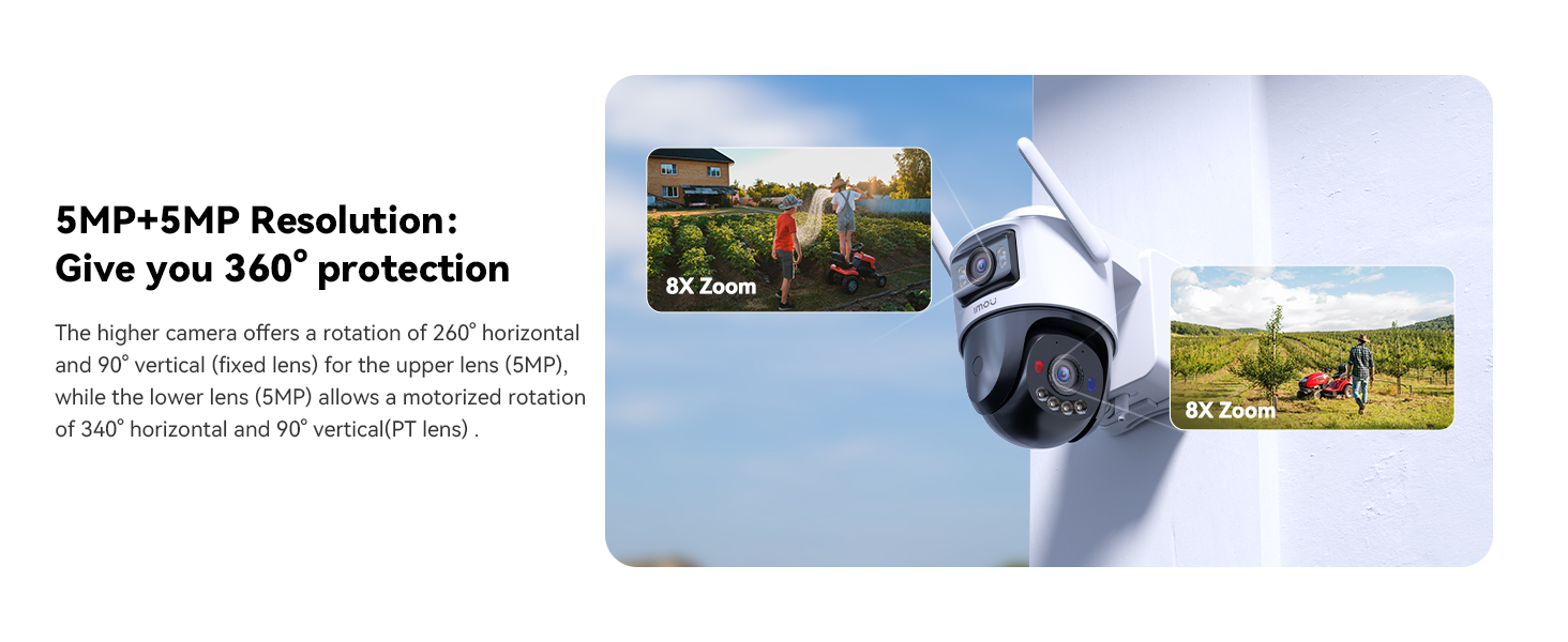Text reads 'Safe+360° Application - Give you 360° protection'. Surveillance camera system showing multiple views including outdoor camera and scenic monitoring shots.