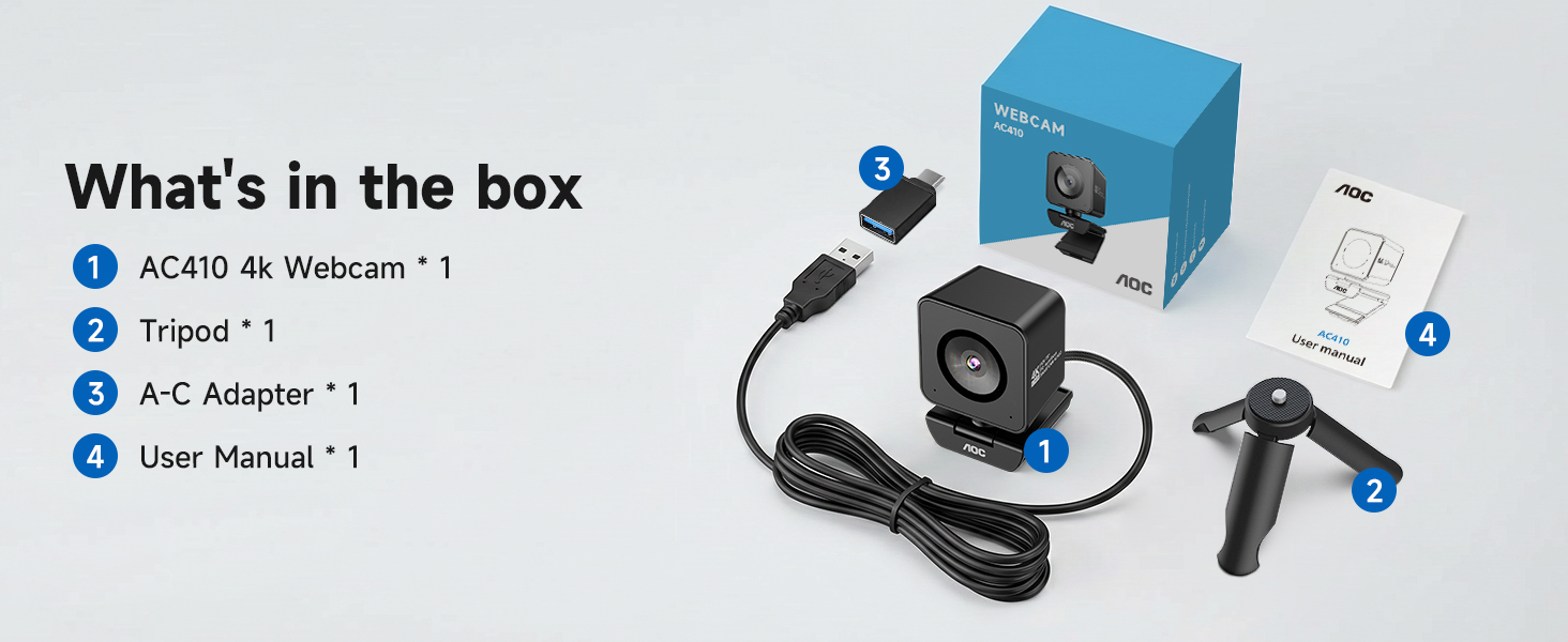 Text reads 'What's in the box' with checkboxes for 'AC40 Air Wand™ ×1', 'Tripod ×1', 'AC Adapter ×1', 'User Manual ×1'. Blue box containing hair styling wand with tripod stand, power adapter, and documentation.