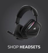 Text reads 'WE ARE CORSAIR' and 'PLAY AT YOUR LEVEL' with description of PC components. Shows gaming PC setup with RGB lighting and peripherals in dark environment.