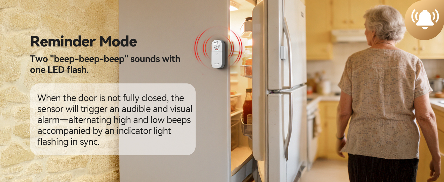 Text reads 'Reminder Mode'. Technical illustration showing door sensor functionality with notification alerts and smartphone integration.