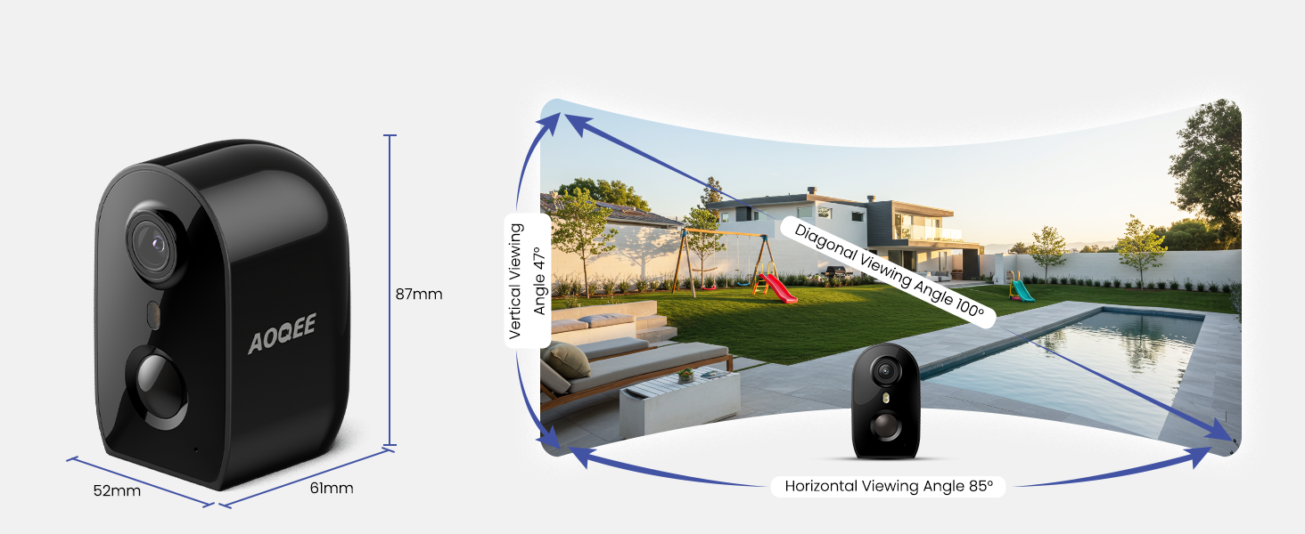 Black compact projector device shown with specifications, connected by arrow to landscape photograph display demonstrating projection output quality and size on outdoor scenery.
