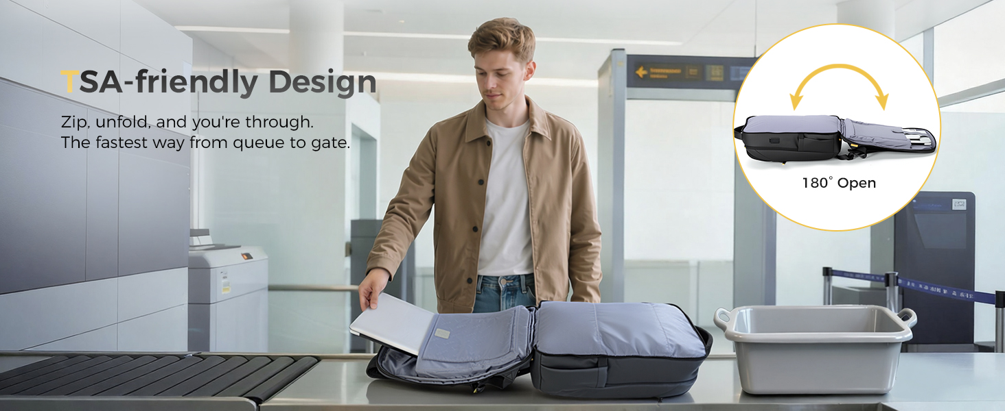 Text reads 'ack your peace of mind' (partial). Black travel backpack displayed with spec icons and organized contents including tech accessories, documents, and travel items arranged.