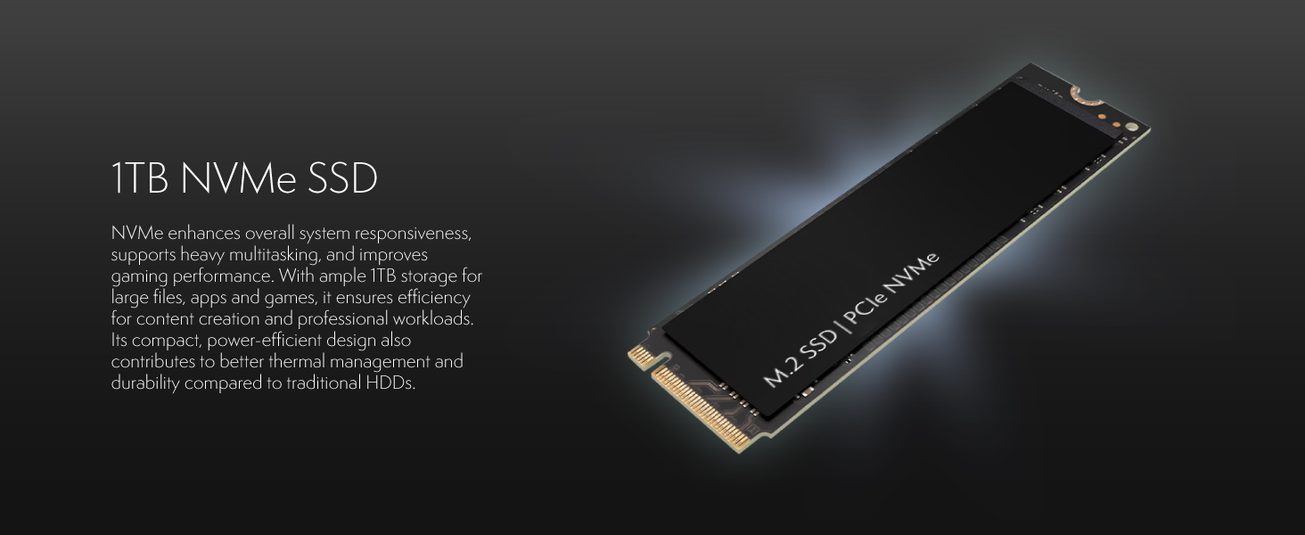 Text reads '1TB NVMe SSD' with product specifications text below on dark background showing black M.2 SSD drive with gold connectors.