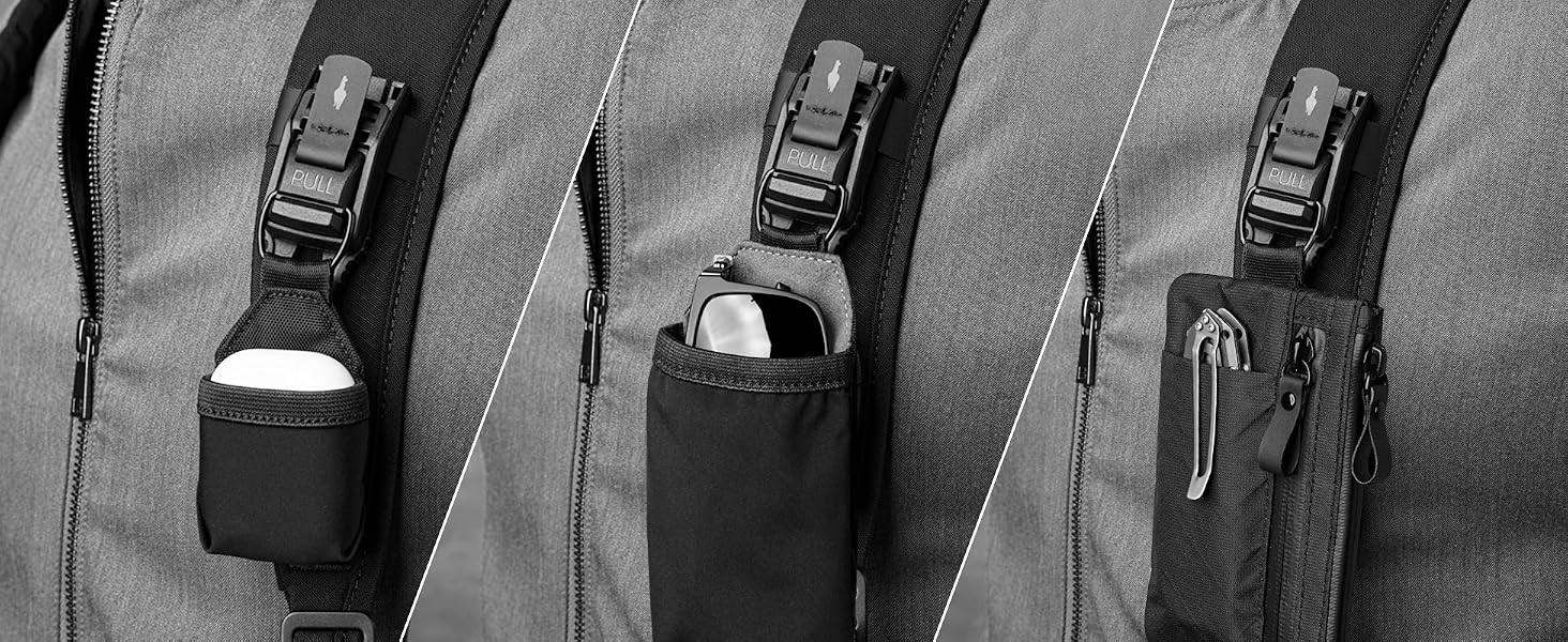 Three black fabric pouches with handles attached to gray straps, shown in different configurations displaying storage capacity and attachment methods.