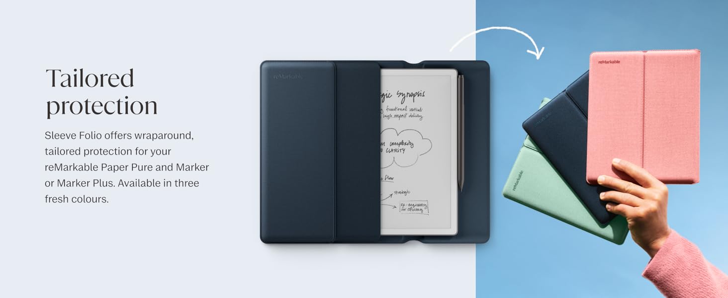 Text reads 'Tailored protection.' Three notebook/journal covers displayed: dark navy, light beige, and coral pink. Flat lay composition showing product color options and styling.