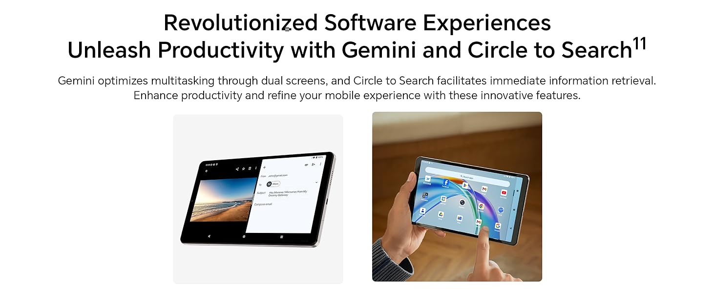 Text reads 'Unleash Productivity with Gemini and Circle to Search', 'Revolutionized Software Experiences'. Shows tablet devices demonstrating software interface features.