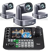 Two professional PTZ cameras with control console featuring LCD monitor, programmable buttons, and joystick controller.