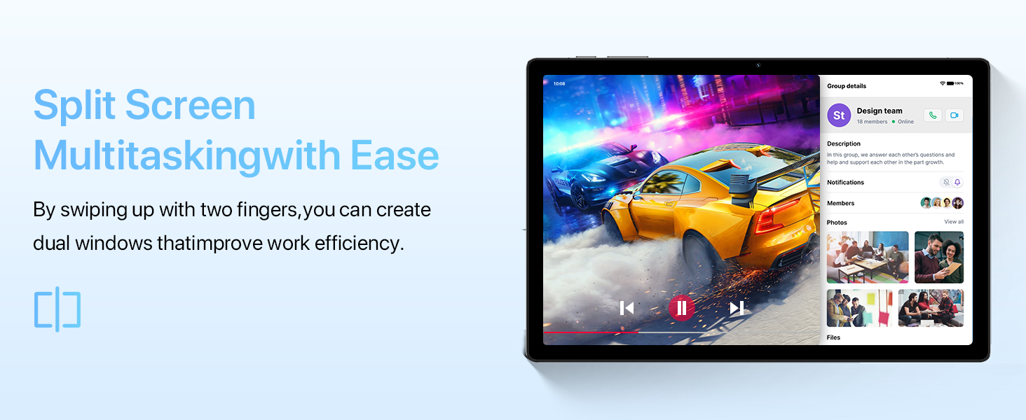 Tablet device displaying split-screen functionality. Left side shows colorful racing game, right side shows messaging app interface.