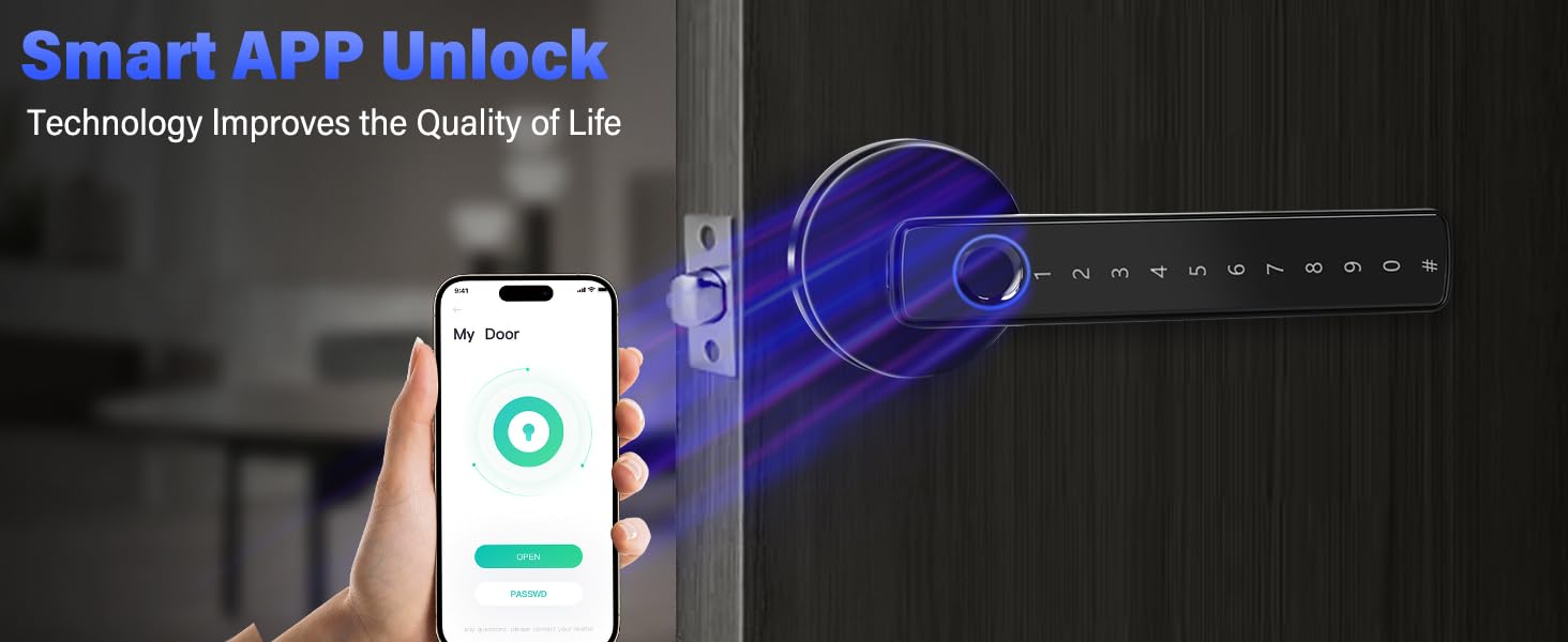 Smartphone screen displaying app interface with blue glowing effects and 'Smart APP Unlock' text overlay against dark background.