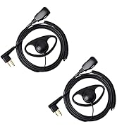 Black earpiece with curved hook design and attached cable. Features a clip-on microphone and dual-pronged connector for two-way radio compatibility.