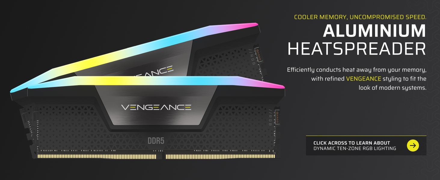 Text reads 'ALUMINIUM HEATSPREADER'. Product marketing image showing black computer hardware component with RGB lighting effects and metallic accents.