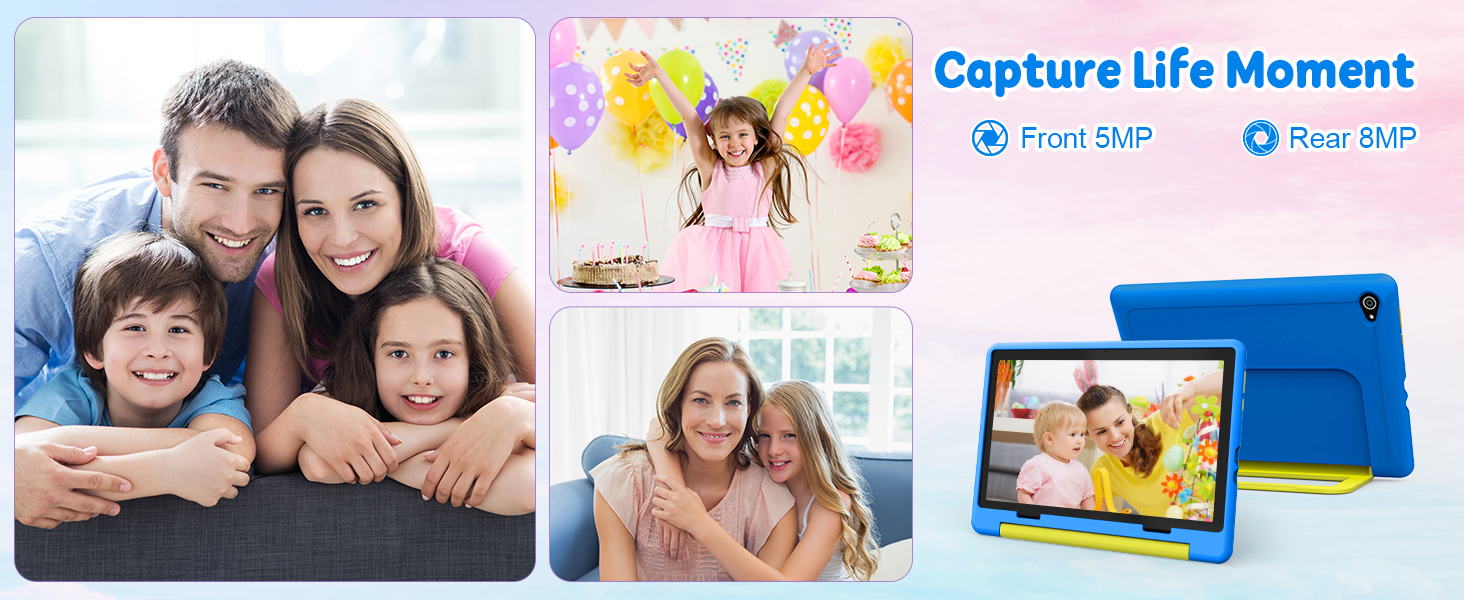 Text reads 'Capture Life Moment'. Collection of product images showing a blue tablet case with multiple usage scenarios and features.