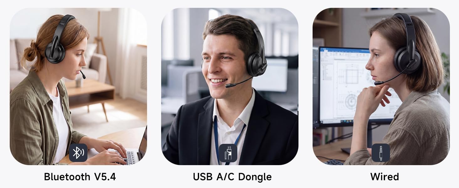 Man wearing headphones in office environment with multiple product icons displayed below showing various features or specifications.