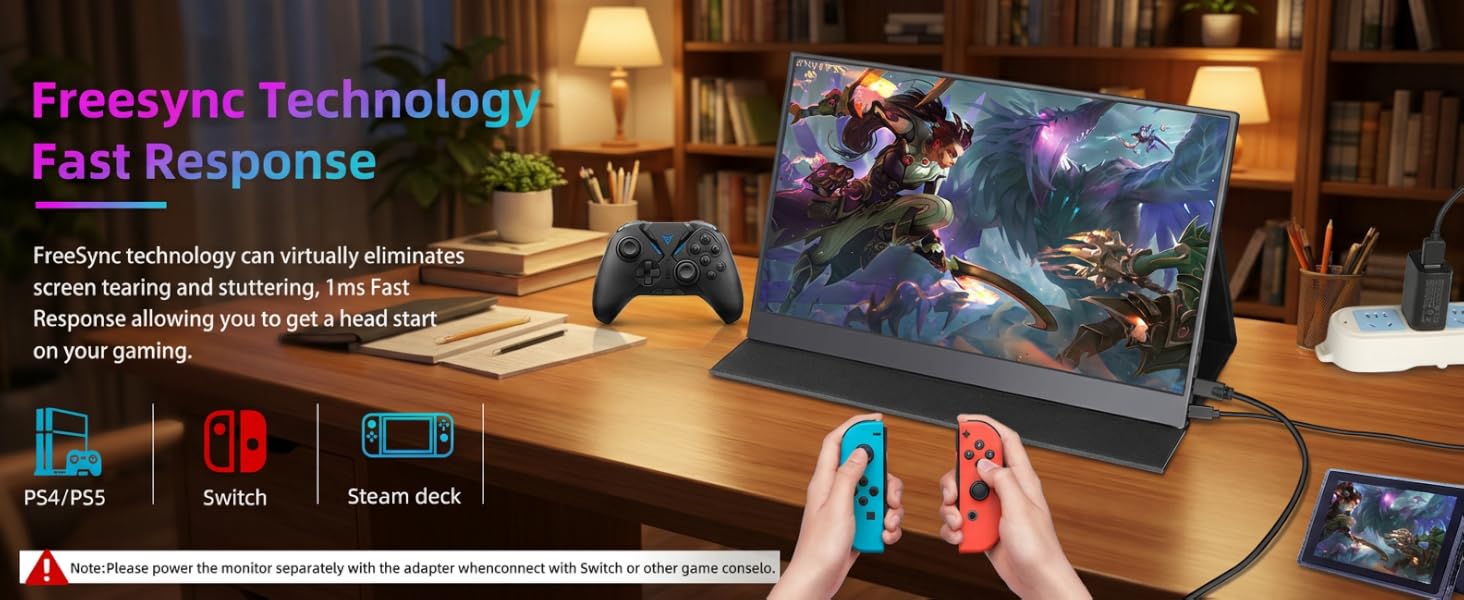 Text reads 'Freesync Technology Fast Response'. Gaming monitor display showing blue game character against dark background with icons below showing features.