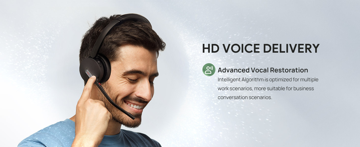 Man wearing headset with microphone. Text 'HD VOICE DELIVERY' and 'Advanced Vocal Restoration' highlighting audio quality features.