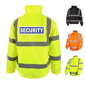 High-visibility security jacket in fluorescent yellow with reflective stripes. 'SECURITY' text on back. Additional color variants shown: black, orange, and light yellow.