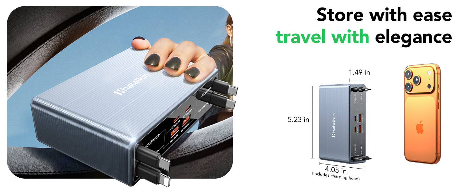 Text reads 'Store with ease'. Product photography showing slim storage or carrying case in dark color with orange accent.