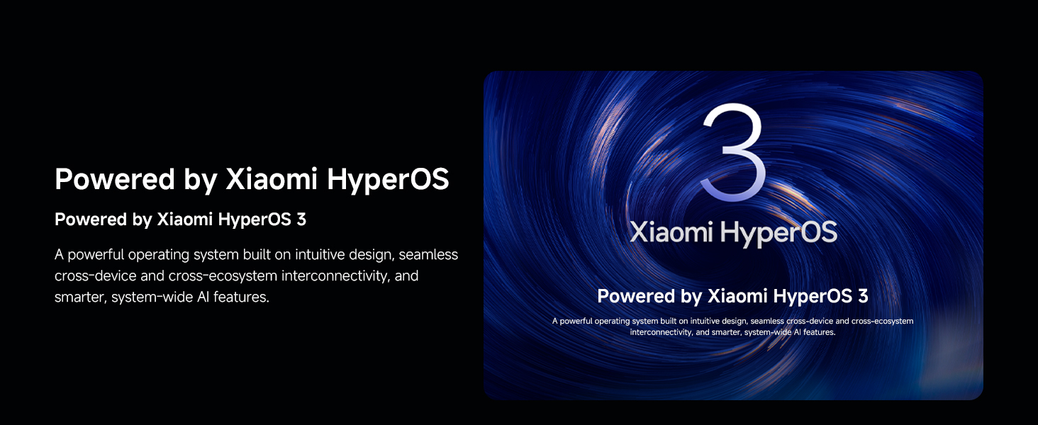 Text reads 'Powered by Xiaomi HyperOS'. Series of dark interface screens showing Xiaomi HyperOS branding with number 3 prominently displayed.