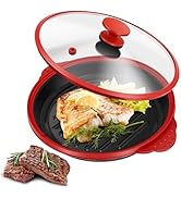 Black square waffle maker pan with 16 round compartments featuring cooked waffles with toppings and white drizzle. Includes product packaging and food presentation examples above the cooking pan.