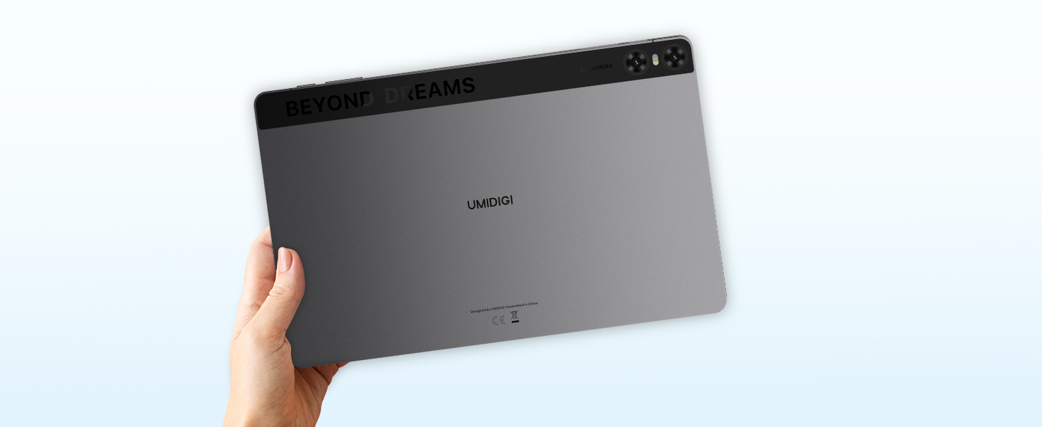Hand holding a slim, gray tablet device with a black bezel. The tablet appears to be a drawing tablet or digital notepad.